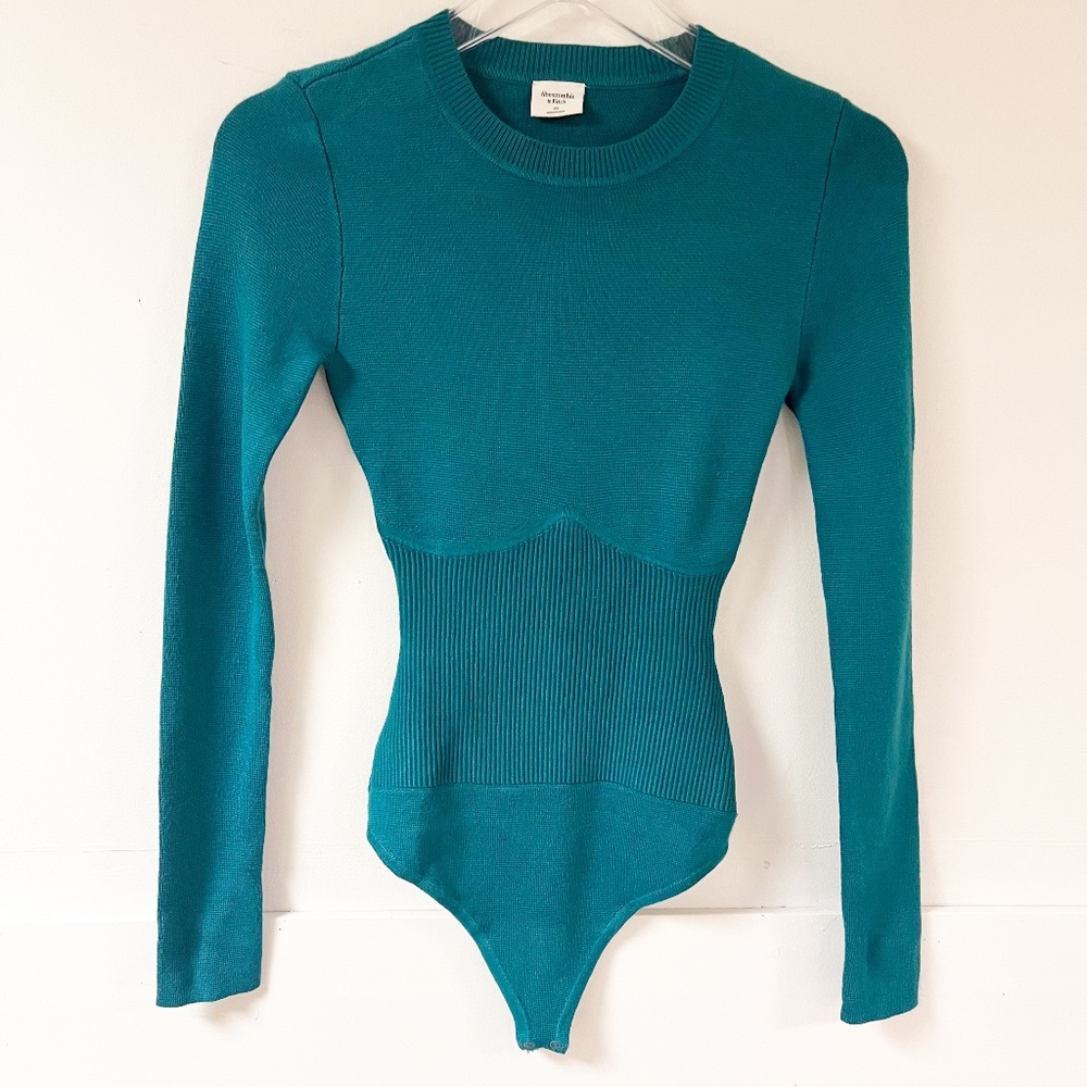 Abercrombie & Fitch Long Sleeve Crew Corset sweater Bodysuit ribbed Teal XS